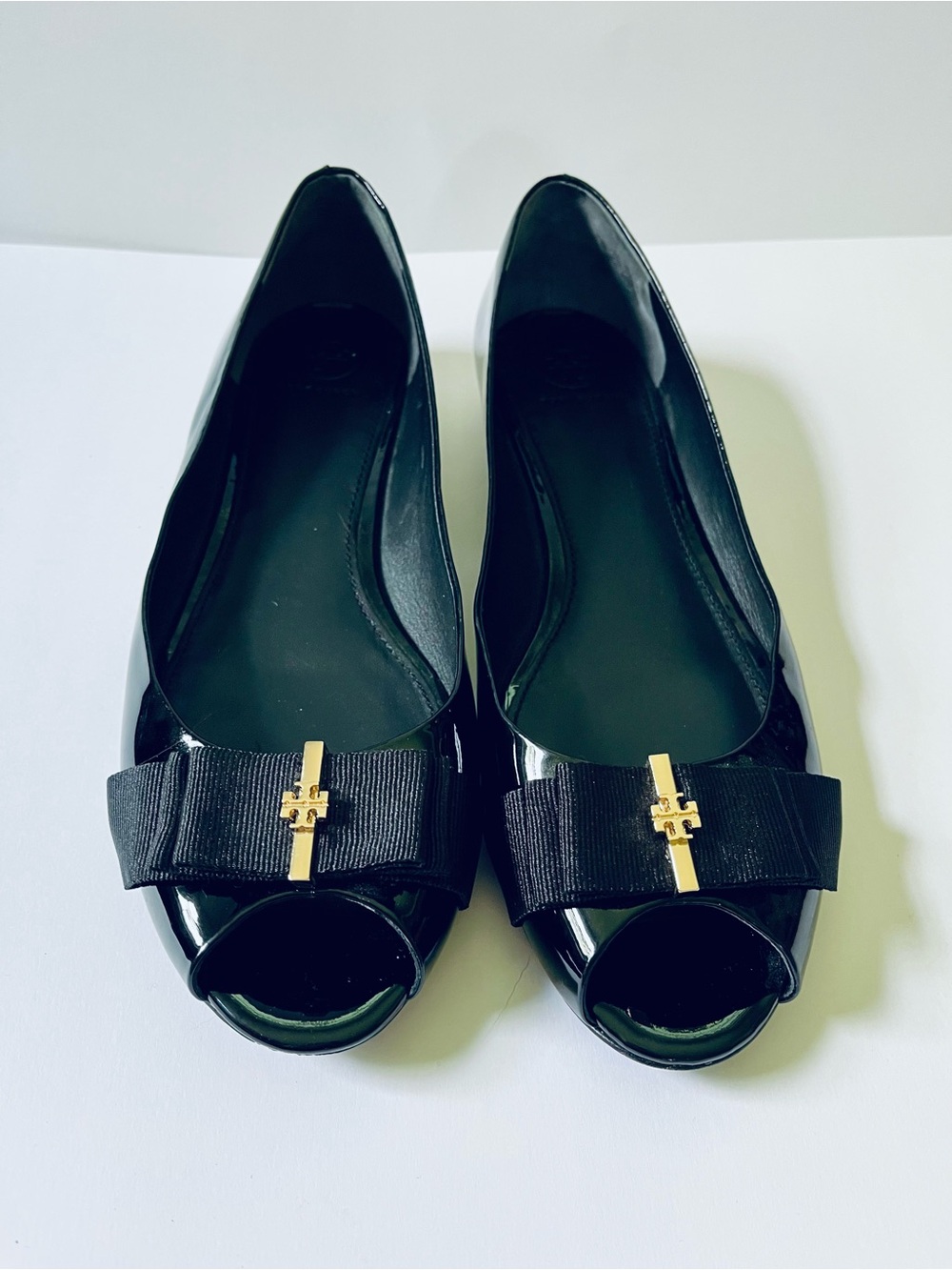 Tory Burch Trudy Black Patent Leather Peep-Toe Bow Flats - Size 10.5 M
